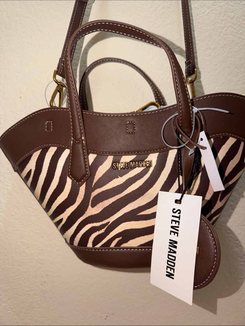 Steve Madden Brown and Cream Zebra-Print Tote